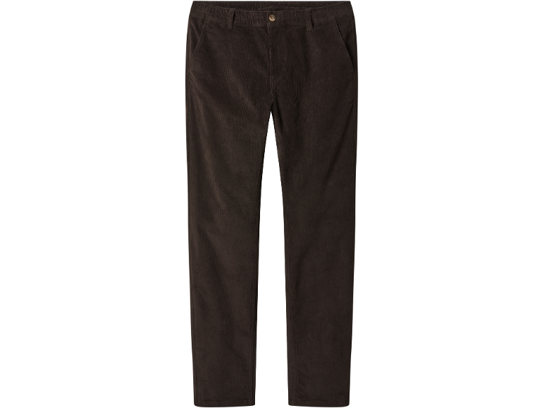 Donkerbruine corduroy broek met elastische tailleband en knoopsluiting.