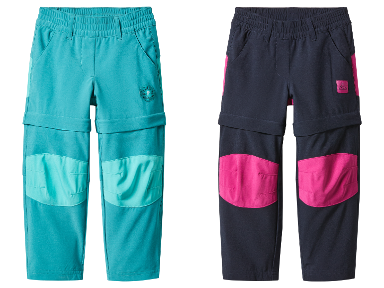 Deux pantalons convertibles pour enfants, un turquoise et un bleu marine avec des détails roses.