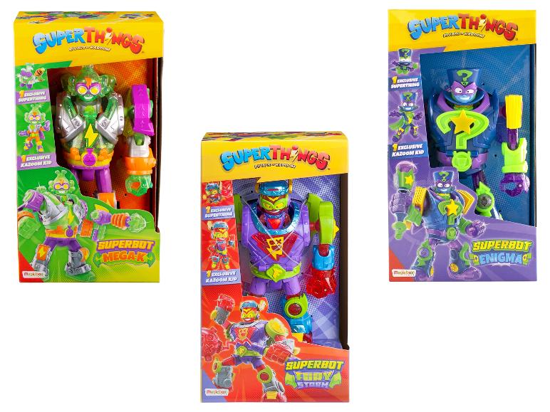Trois boîtes de jouets Superthings avec Superbot Mega-K, Superbot Fury Storm et Superbot Enigma.