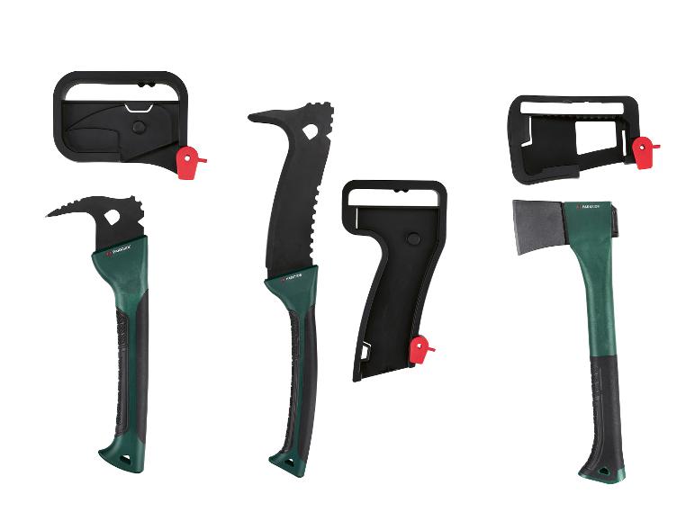 Parkside gereedschap: bijl, mes en pikhouweel met afneembare handvatten en scheden.