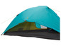 Een turquoise tent met een geel en zwart interieur.