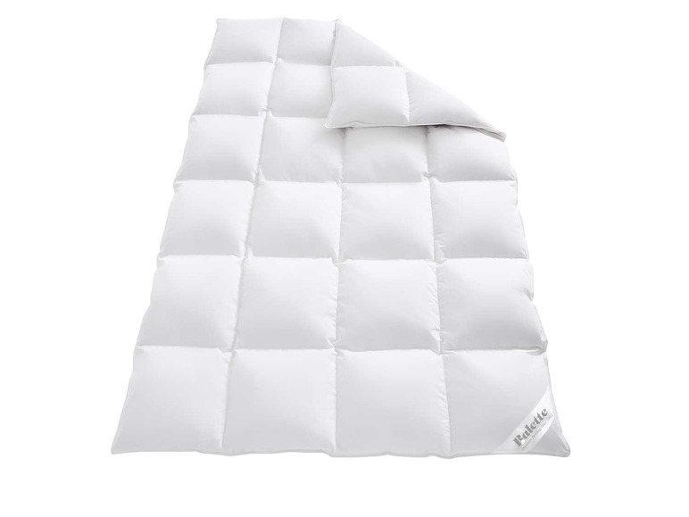 Une couette blanche en duvet avec un oreiller de la marque 