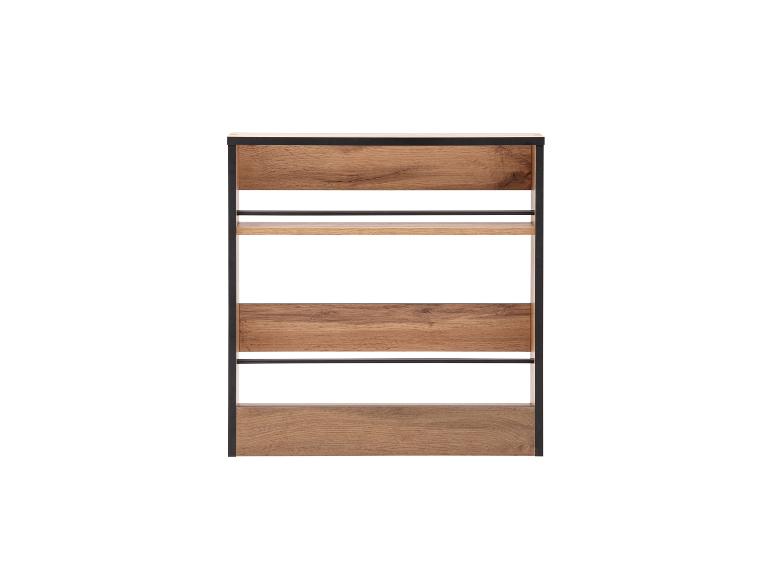 Houten rek met zwart frame en drie open vakken.