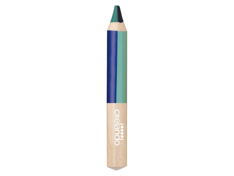 Crayon de couleur double face dans les tons bleus et verts, avec le logo de la marque.