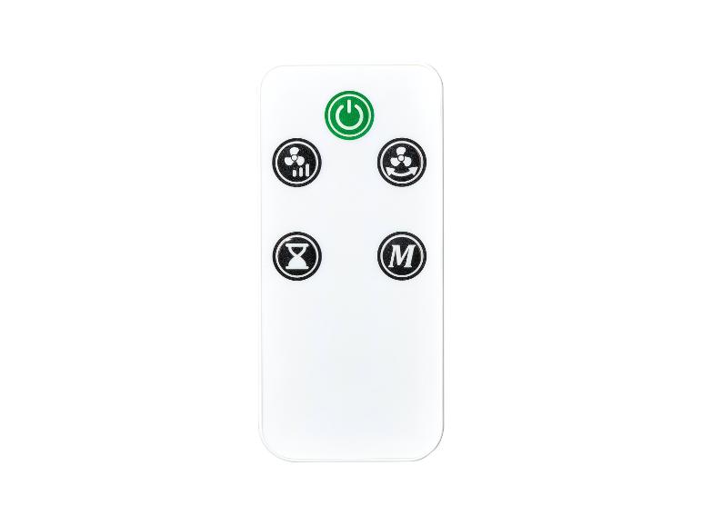 Witte afstandsbediening met groene aan/uit-knop en zwarte ventilator-, timer- en modusiconen