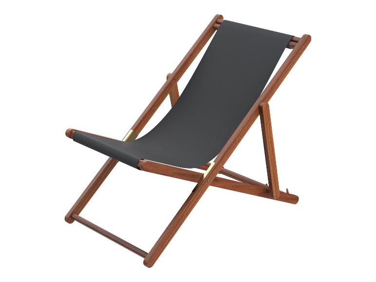 Transat en bois avec toile noire sur fond blanc.