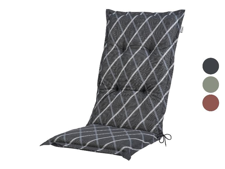 LIVARNO HOME hoge rugleuning stoelkussen met grijs geruit patroon en kleurstalen.