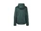 Een donkergroen softshell jack met capuchon, achterkant.