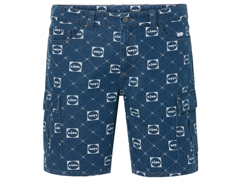 Blauwe denim cargo shorts met een LIDL-patroon.