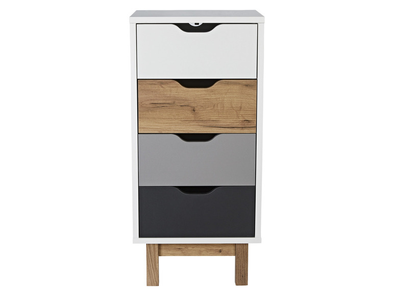 Een witte kast met vier lades, waaronder een lade met houtlook.