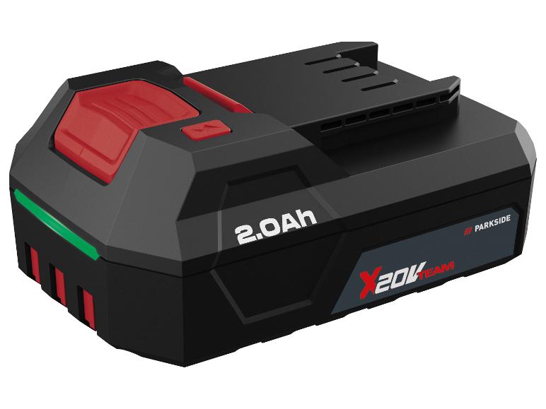 2.0Ah elektrische gereedschapsaccu in zwart met rode details en een groene streep.