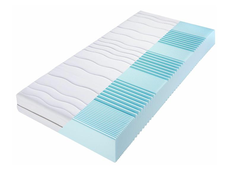 Een matras met een blauwe schuimkern en een witte hoes.