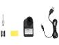 Soldeerkit met soldeerstation, punt, draad, spons en USB-kabel.