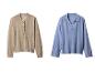 Deux pulls en maille, un beige à boutons et un bleu à col.