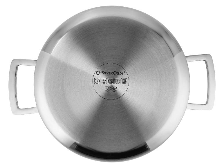 Fond d'une casserole en acier inoxydable avec symboles induction et gaz.