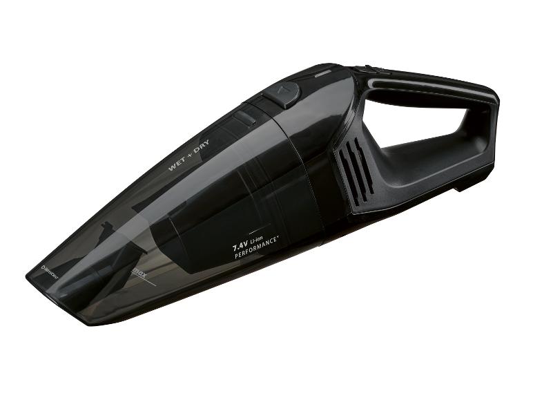 Zwarte handstofzuiger voor nat en droog gebruik met de tekst 'WET + DRY' en '7.4V Li-ion PERFORMANCE+'.