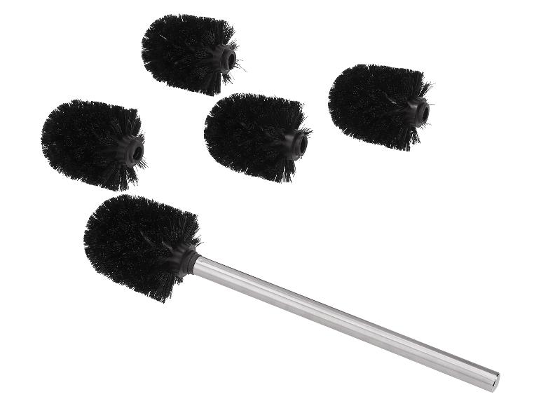 Vijf zwarte toiletborstelkoppen en één toiletborstel met metalen handvat.