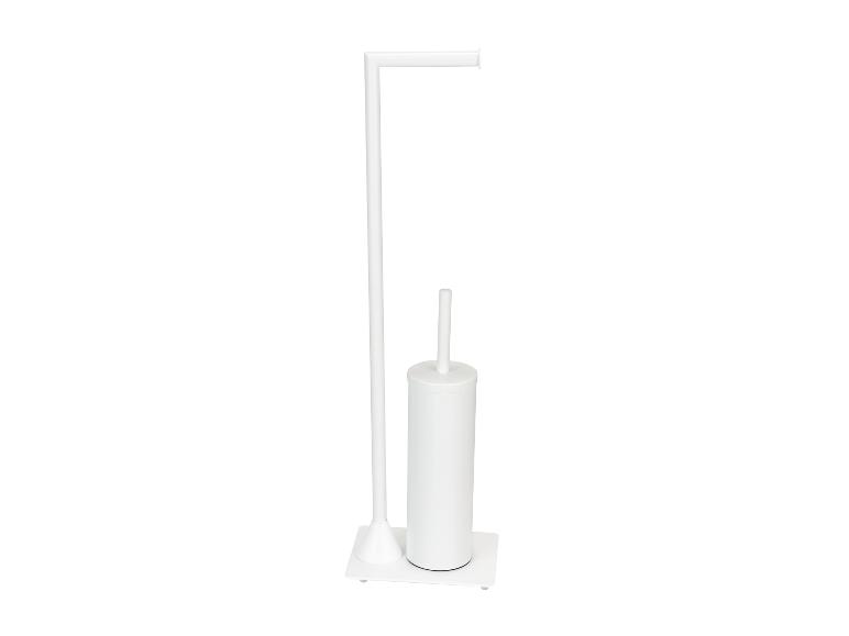 Porte-papier toilette et brosse de toilette blancs.