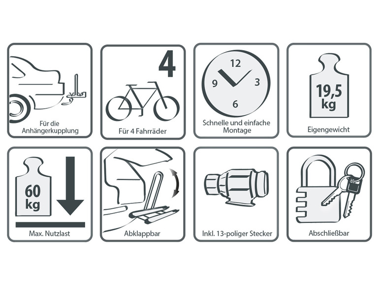 Een fietsendrager voor 4 fietsen met een maximale belasting van 60 kg, inclusief een 13-polige stekker en een slot.