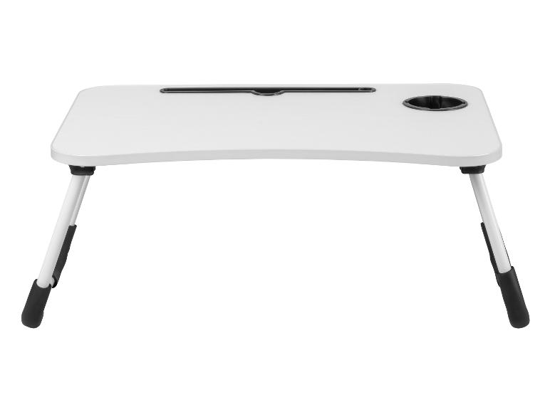Table de lit pliable blanche avec fente pour tablette et porte-gobelet
