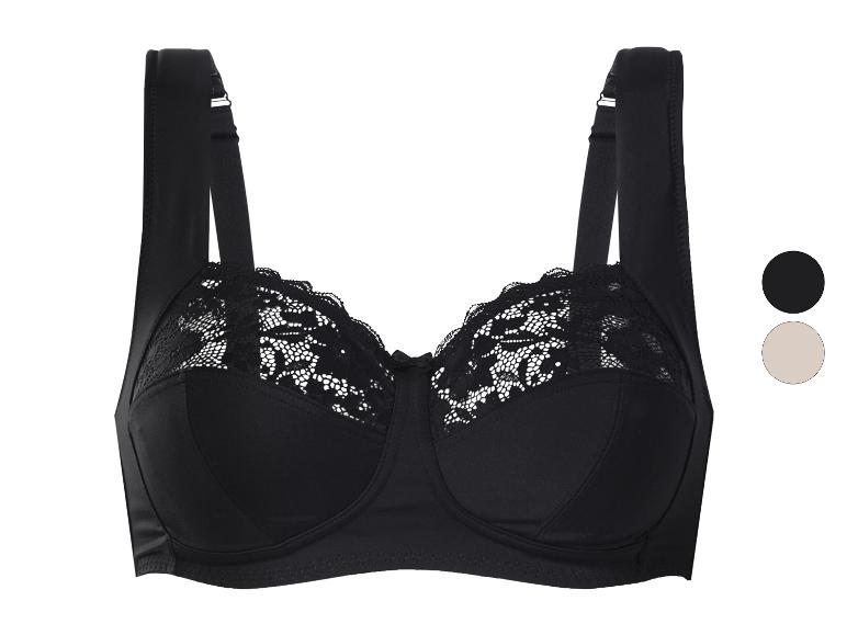 Soutien-gorge en dentelle noire à larges bretelles, disponible en noir et beige.