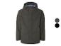 Veste imperméable à capuche, vert foncé et noir.