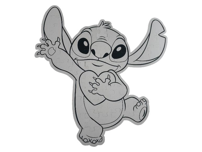 Een grijze puzzel van Stitch van Disney, die een hart vasthoudt.