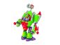 Jouet robot vert et rouge avec une petite figurine à l'intérieur, sur fond blanc.