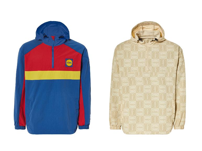 Twee windjacks, één in blauwe, rode en gele kleuren met een Lidl logo, de andere in beige met een Lidl patroon.