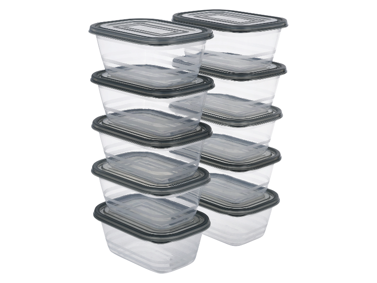 Boîtes alimentaires en plastique empilables avec couvercles gris.