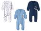Trois grenouillères pour bébé: blanche à étoiles, bleu clair avec un ours et un renard, et bleu foncé avec un ours et des ballons.