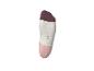 Une chaussette rayée bordeaux, blanche et rose avec l'inscription «31-34».
