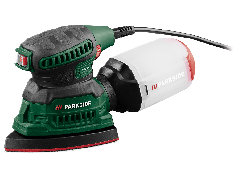 Parkside PMS 220 A1 detail schuurmachine met stofopvangbak.