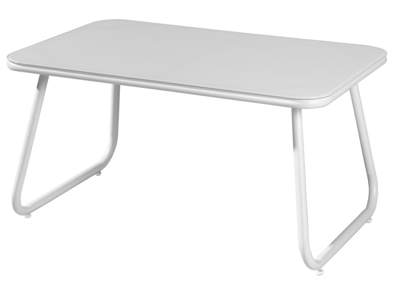 Witte metalen tafel met rondom gebogen poten.