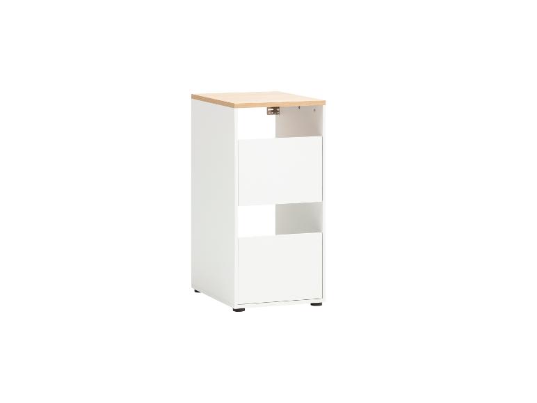 Witte opbergkast met houten blad en twee lades.