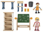 Un ensemble de jouets en bois avec un tableau noir, une bibliothèque, une table et deux poupées.