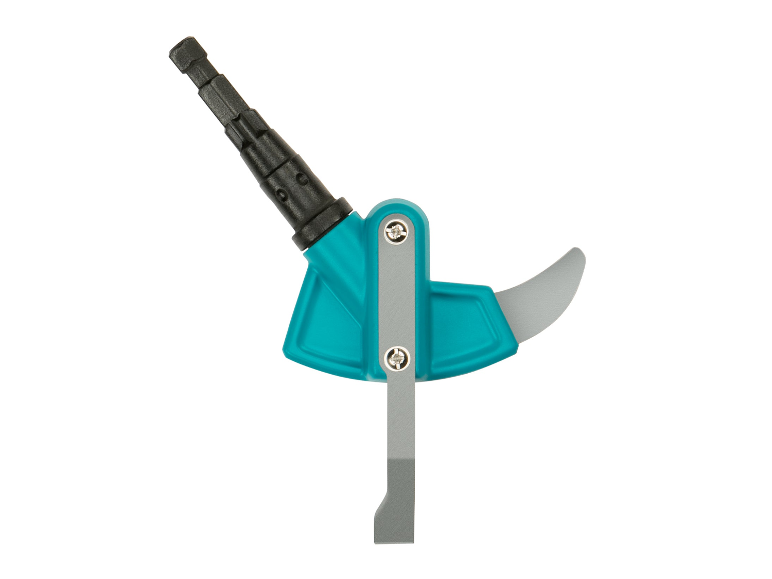 Outillage à main : coupe-bordures, lame et manche turquoise.