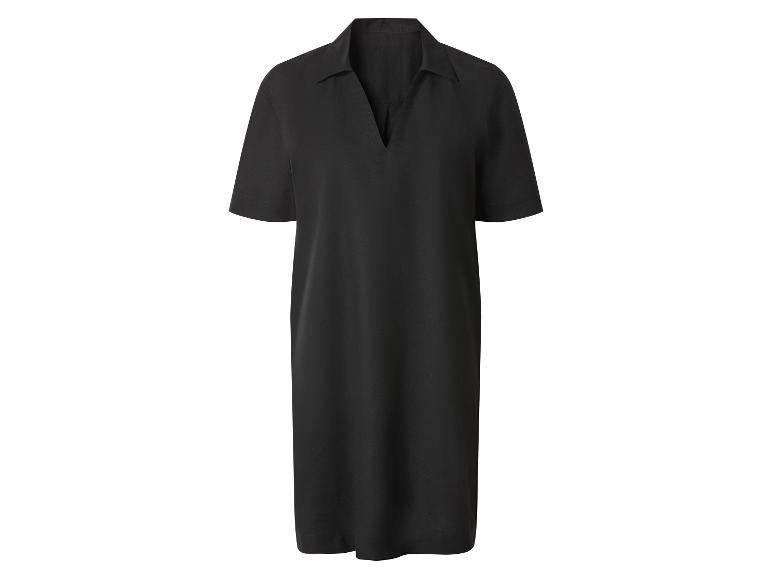 Robe noire à manches courtes avec col et décolleté en V.