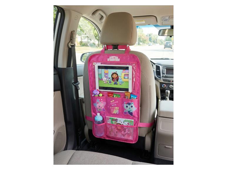 Organisateur de siège de voiture rose Gabby's Dollhouse avec tablette, jouets et collations.