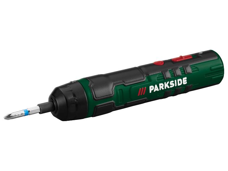 PARKSIDE accuschroevendraaier in groen-zwart met rode knoppen.