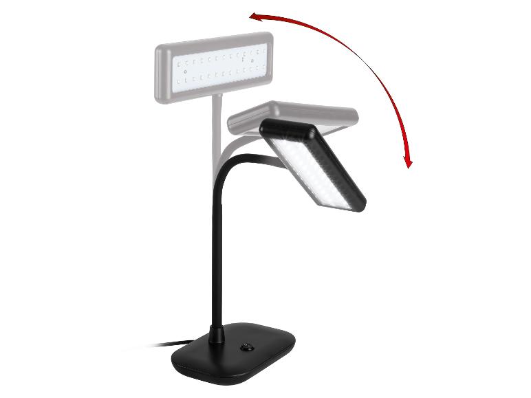 Zwarte LED-bureaulamp met flexibele arm en verstelbare kop, die beweging toont.