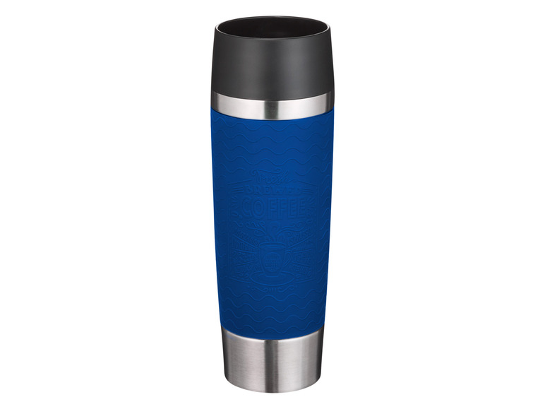 Une tasse à café isotherme bleue avec un motif de café
