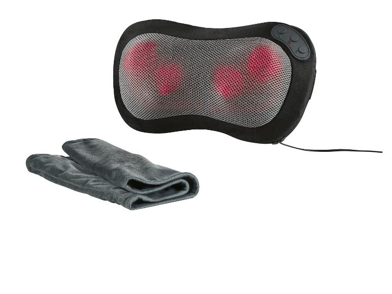 Un coussin de massage noir avec fonction de chaleur et une housse en polaire grise.