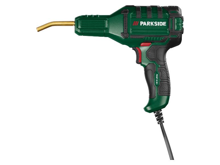 Groene soldeerbout in pistoolvorm met zwarte grip en messing punt.