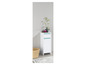 Une armoire de salle de bain blanche avec un panier et un vase de fleurs.