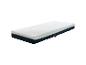 Un matelas blanc et bleu foncé avec une bande bleue et des poignées sur les côtés.