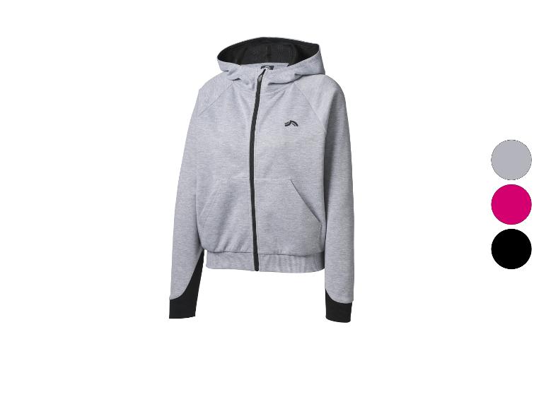Sweat à capuche zippé gris avec détails noirs et logo sur la poitrine.