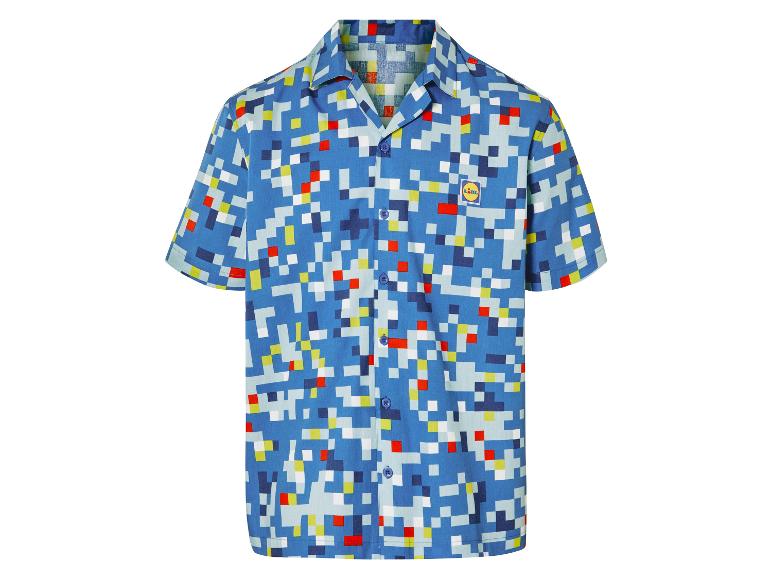 Lidl shirt met blauw pixelpatroon, korte mouwen.