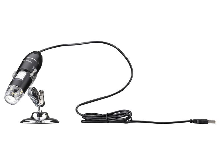 Un microscope USB Bresser noir avec un support.