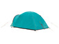 Een turquoise tent met gele bevestigingssnoeren.